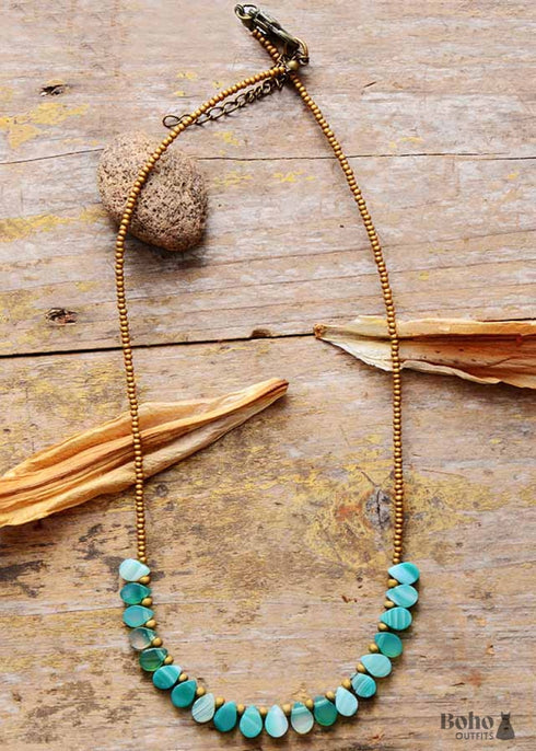 Boho Necklace, Green Semiprecious Stone Seeds